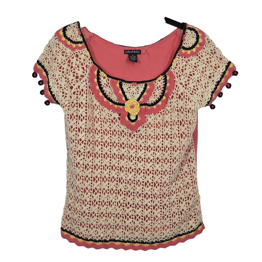 Gaby & Eden Coral Cream Crochet Short Sleeve Top Sz M Lined Rayon Boho Cottage